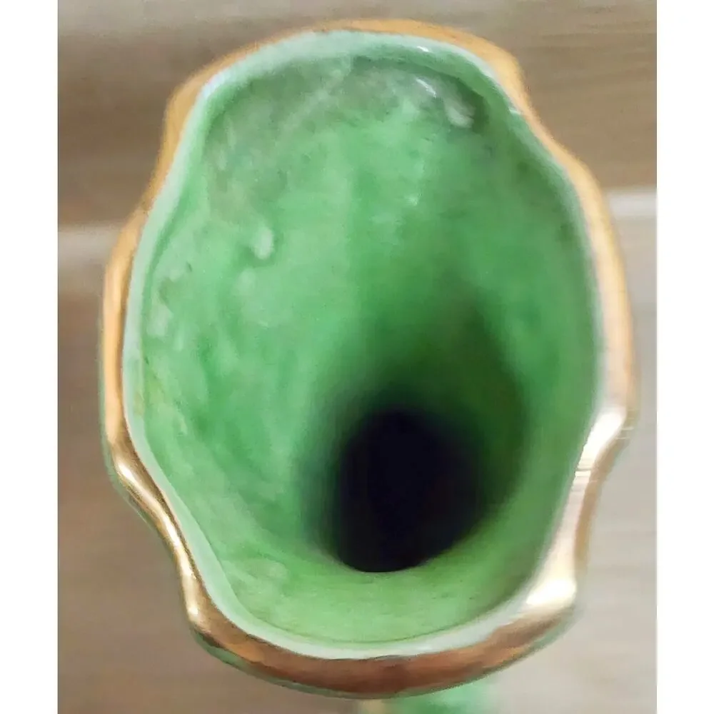 Apco American Bisque Green 22 Kt Gold Cornucopia Vase Hand Painted 4 3/4